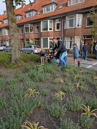 Samen met enkele jonge buurtbewoners legde Sander La Grouw de krans bij de Vredesboom.