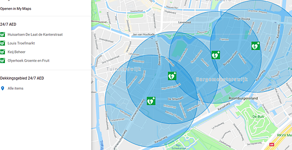 Plaatsen in onze wijk waar de AED's geplaatst zijn.